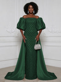 Sheath Off Shoulder Sequin Satin Evening Dresses with Sweep Train & 3/4 Puff Sleeves