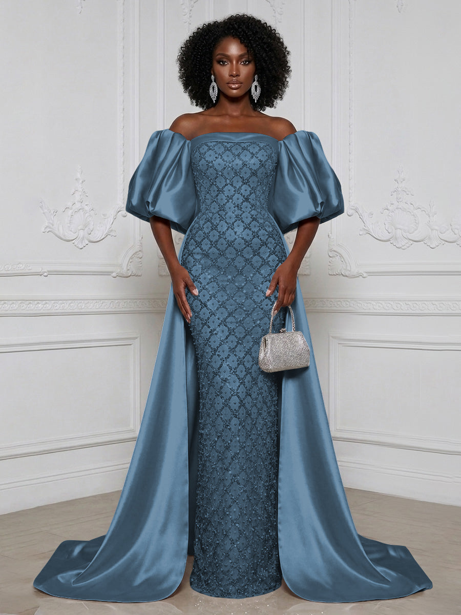 Sheath Off Shoulder Sequin Satin Evening Dresses with Sweep Train & 3/4 Puff Sleeves
