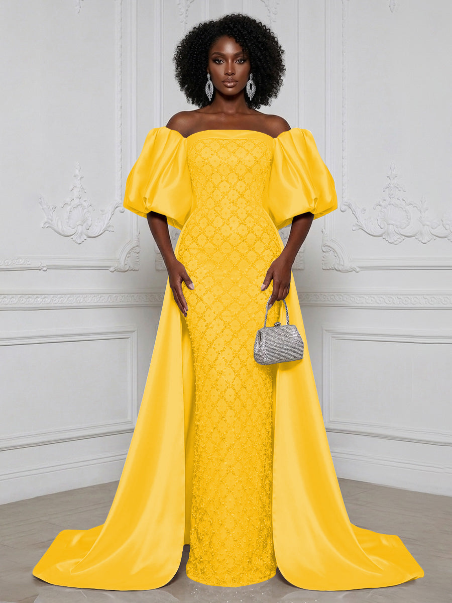 Sheath Off Shoulder Sequin Satin Evening Dresses with Sweep Train & 3/4 Puff Sleeves