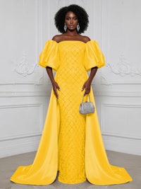 Sheath Off Shoulder Sequin Satin Evening Dresses with Sweep Train & 3/4 Puff Sleeves