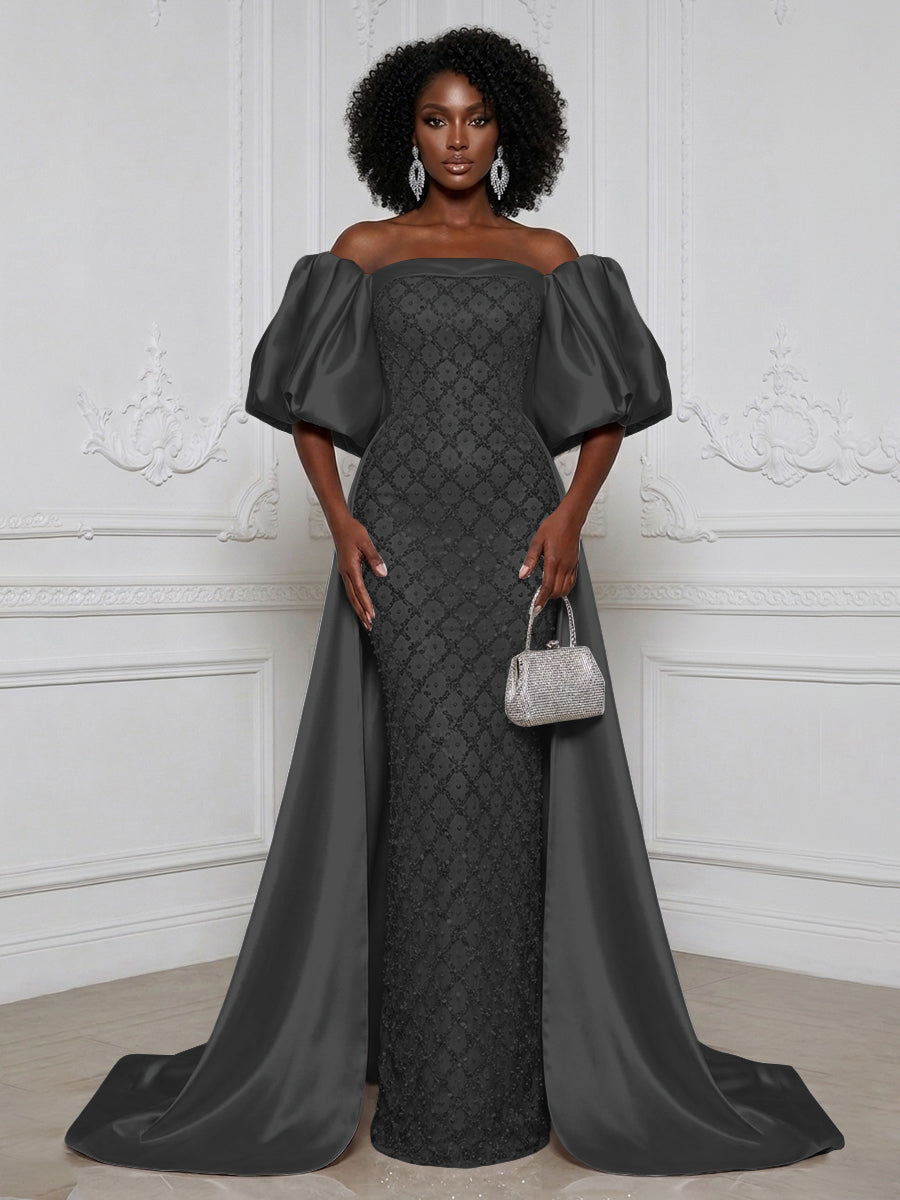 Sheath Off Shoulder Sequin Satin Evening Dresses with Sweep Train & 3/4 Puff Sleeves
