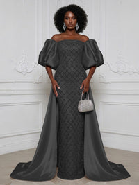 Sheath Off Shoulder Sequin Satin Evening Dresses with Sweep Train & 3/4 Puff Sleeves