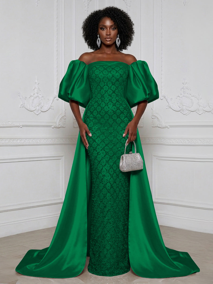 Sheath Off Shoulder Sequin Satin Evening Dresses with Sweep Train & 3/4 Puff Sleeves