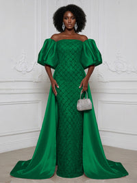 Sheath Off Shoulder Sequin Satin Evening Dresses with Sweep Train & 3/4 Puff Sleeves