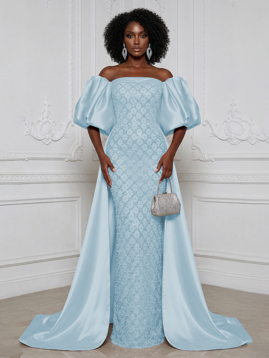 Sheath Off Shoulder Sequin Satin Evening Dresses with Sweep Train & 3/4 Puff Sleeves