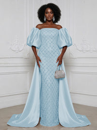 Sheath Off Shoulder Sequin Satin Evening Dresses with Sweep Train & 3/4 Puff Sleeves
