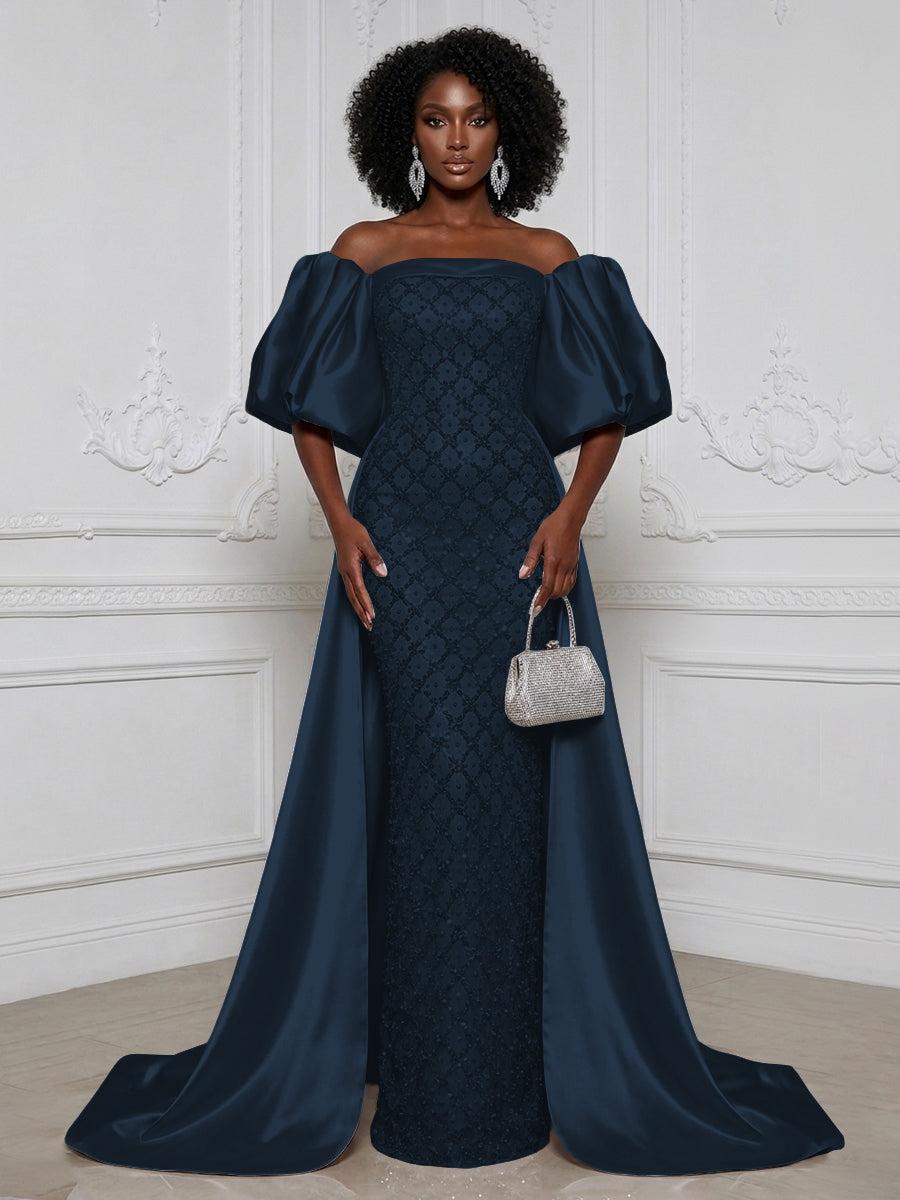 Sheath Off Shoulder Sequin Satin Evening Dresses with Sweep Train & 3/4 Puff Sleeves