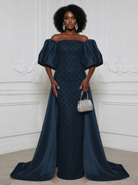 Sheath Off Shoulder Sequin Satin Evening Dresses with Sweep Train & 3/4 Puff Sleeves