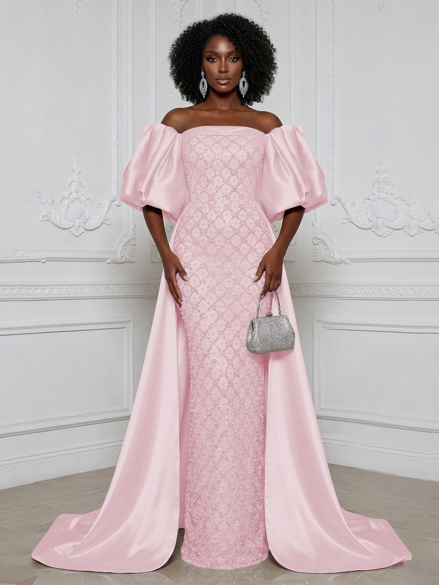 Sheath Off Shoulder Sequin Satin Evening Dresses with Sweep Train & 3/4 Puff Sleeves