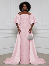 Sheath Off Shoulder Sequin Satin Evening Dresses with Sweep Train & 3/4 Puff Sleeves