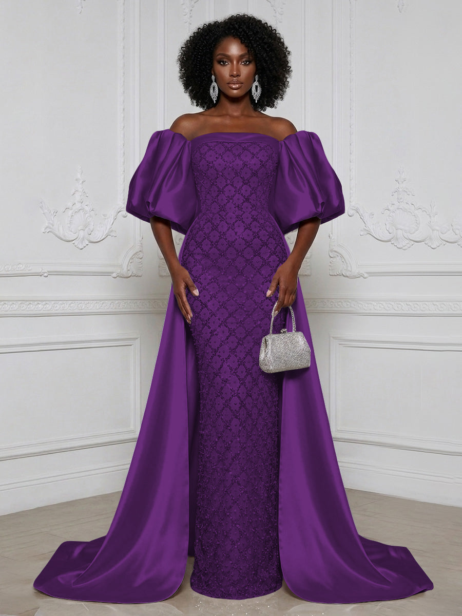 Sheath Off Shoulder Sequin Satin Evening Dresses with Sweep Train & 3/4 Puff Sleeves