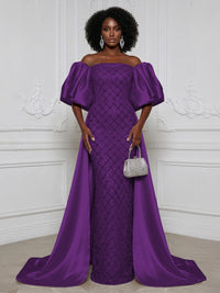 Sheath Off Shoulder Sequin Satin Evening Dresses with Sweep Train & 3/4 Puff Sleeves