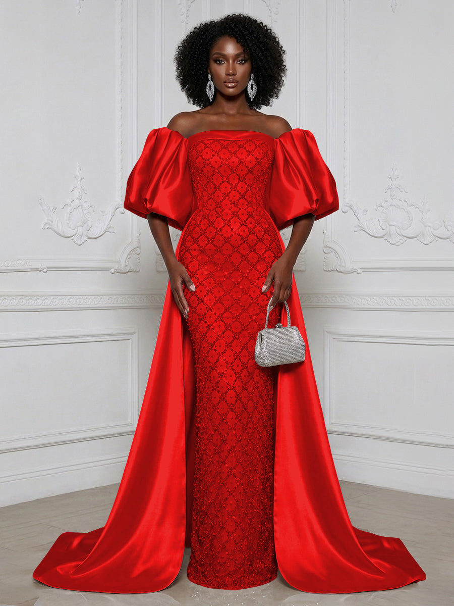 Sheath Off Shoulder Sequin Satin Evening Dresses with Sweep Train & 3/4 Puff Sleeves
