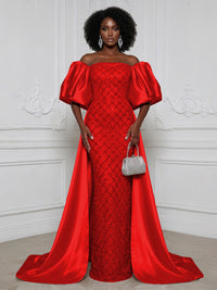 Sheath Off Shoulder Sequin Satin Evening Dresses with Sweep Train & 3/4 Puff Sleeves