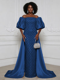 Sheath Off Shoulder Sequin Satin Evening Dresses with Sweep Train & 3/4 Puff Sleeves