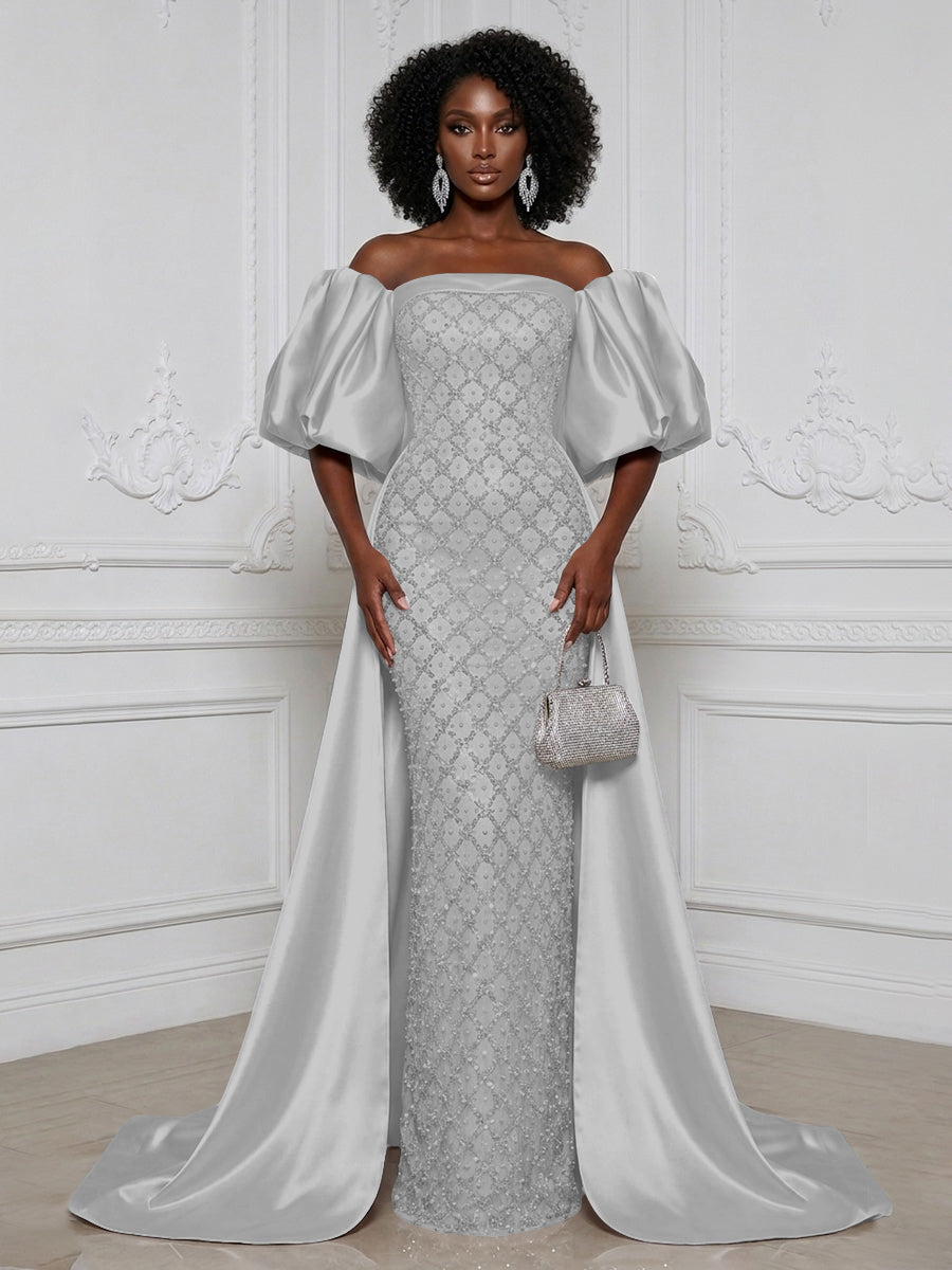 Sheath Off Shoulder Sequin Satin Evening Dresses with Sweep Train & 3/4 Puff Sleeves