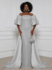 Sheath Off Shoulder Sequin Satin Evening Dresses with Sweep Train & 3/4 Puff Sleeves