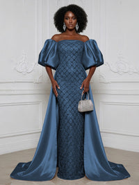 Sheath Off Shoulder Sequin Satin Evening Dresses with Sweep Train & 3/4 Puff Sleeves