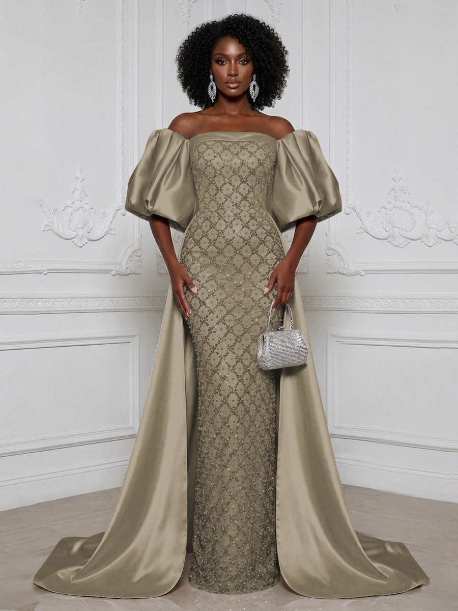 Sheath Off Shoulder Sequin Satin Evening Dresses with Sweep Train & 3/4 Puff Sleeves