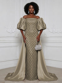 Sheath Off Shoulder Sequin Satin Evening Dresses with Sweep Train & 3/4 Puff Sleeves