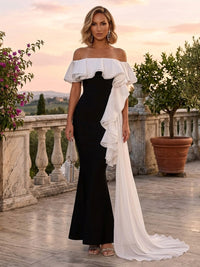 Mermaid Stretch Mesh Floor-Length Off Shoulder Sleeveless Evening Dresses with Ruffles