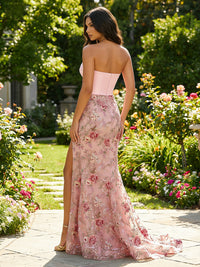 Mermaid Sequin Lace Floral Strapless Sweetheart Cut-Out Evening Dresses with Slit, Satin Bodice & Sweep Train