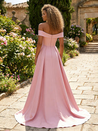 Sheath Off Shoulder Satin Maxi Evening Dresses with Sequin Floral Lace