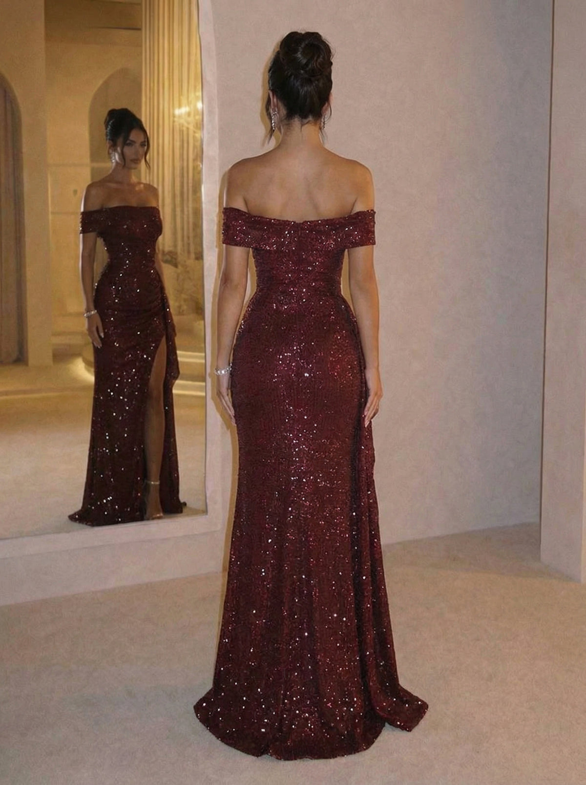 Sheath Off Shoulder Sequin Ruched Long Evening Dresses with Slit