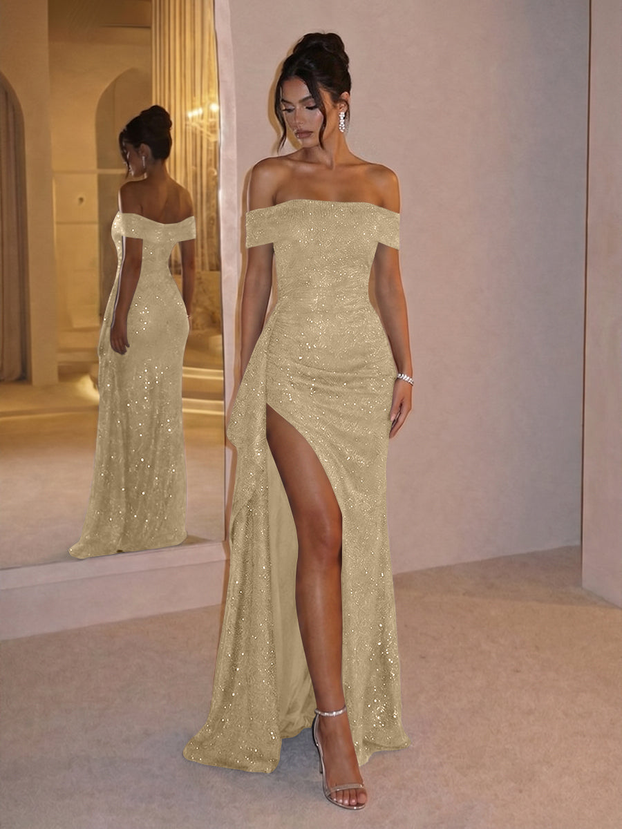 Sheath Off Shoulder Sequin Ruched Long Evening Dresses with Slit