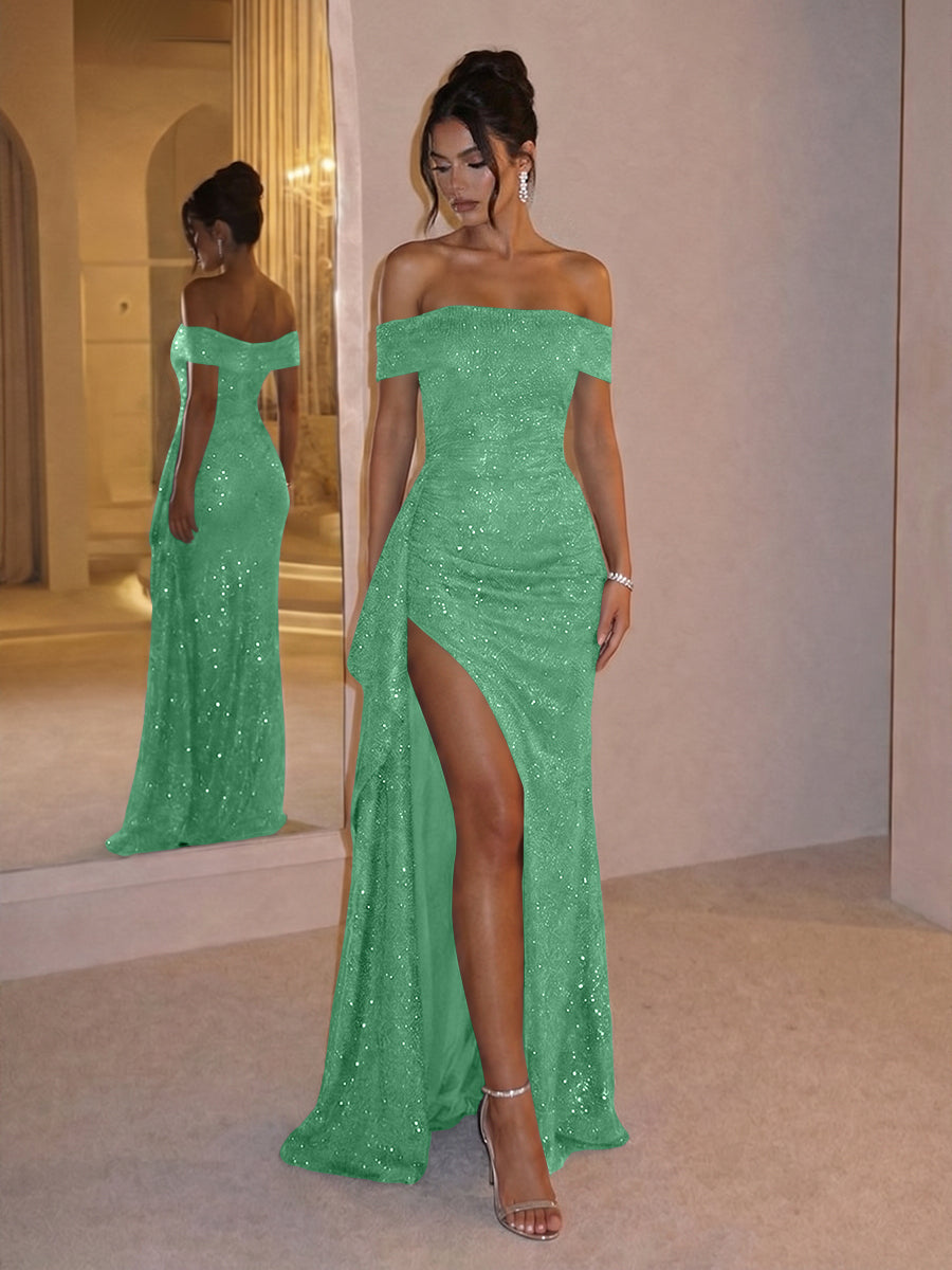 Sheath Off Shoulder Sequin Ruched Long Evening Dresses with Slit