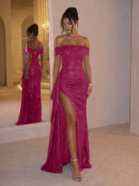 Sheath Off Shoulder Sequin Ruched Long Evening Dresses with Slit