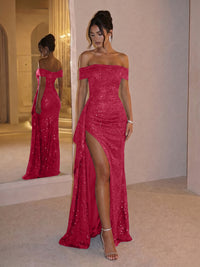 Sheath Off Shoulder Sequin Ruched Long Evening Dresses with Slit