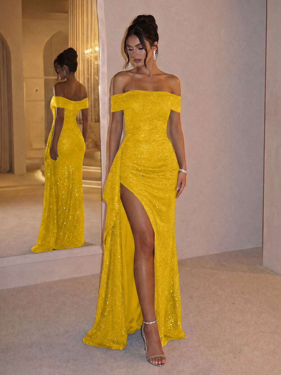 Sheath Off Shoulder Sequin Ruched Long Evening Dresses with Slit