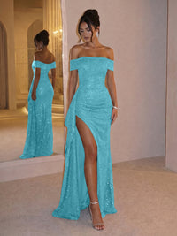 Sheath Off Shoulder Sequin Ruched Long Evening Dresses with Slit