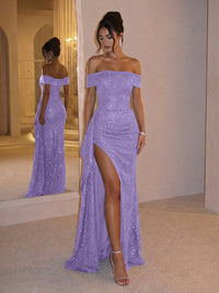 Sheath Off Shoulder Sequin Ruched Long Evening Dresses with Slit