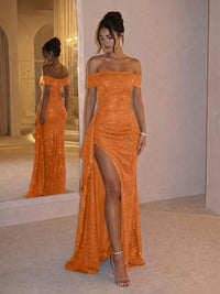Sheath Off Shoulder Sequin Ruched Long Evening Dresses with Slit