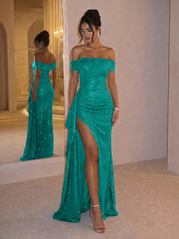 Sheath Off Shoulder Sequin Ruched Long Evening Dresses with Slit