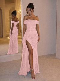 Sheath Off Shoulder Sequin Ruched Long Evening Dresses with Slit