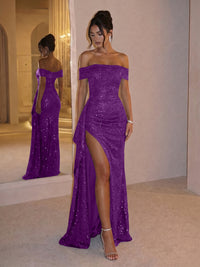 Sheath Off Shoulder Sequin Ruched Long Evening Dresses with Slit