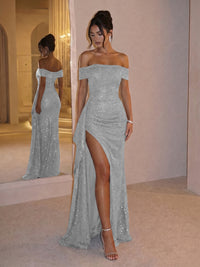 Sheath Off Shoulder Sequin Ruched Long Evening Dresses with Slit