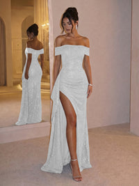 Sheath Off Shoulder Sequin Ruched Long Evening Dresses with Slit