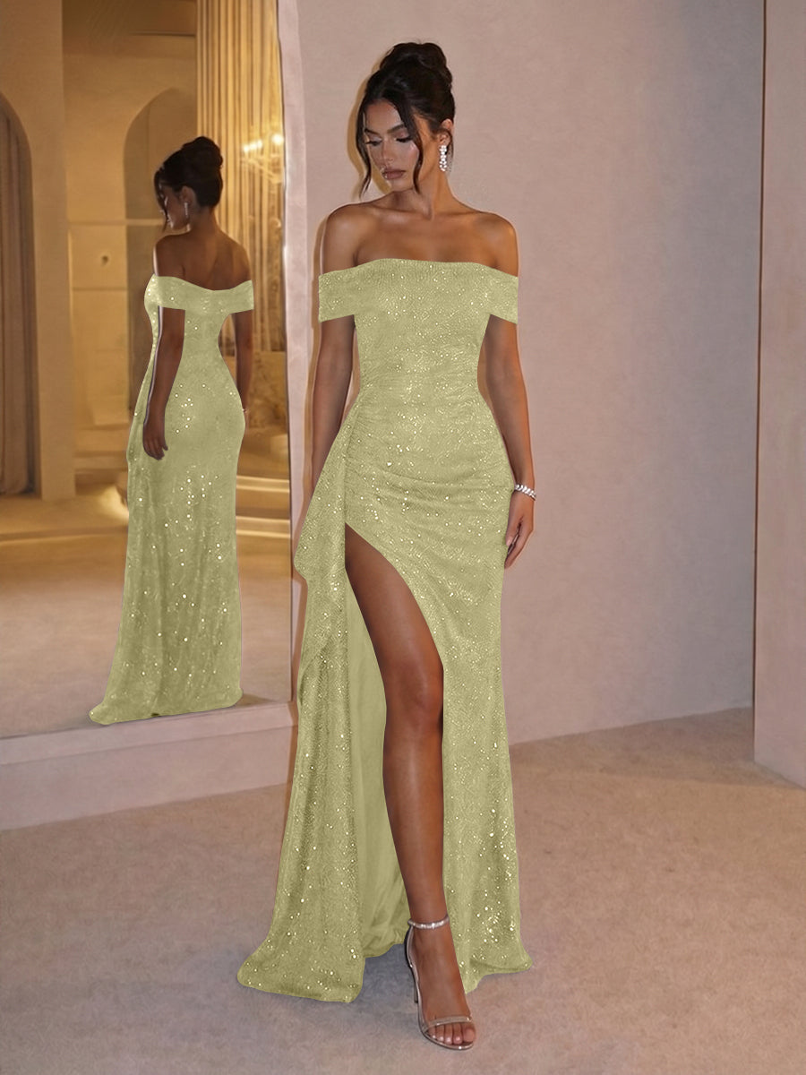 Sheath Off Shoulder Sequin Ruched Long Evening Dresses with Slit