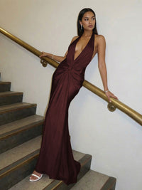 Sheath Halter Deep V-Neck Silk Satin Ruched Long Evening Dresses for Women