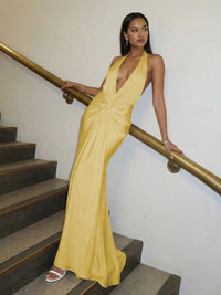 Sheath Halter Deep V-Neck Silk Satin Ruched Long Evening Dresses for Women