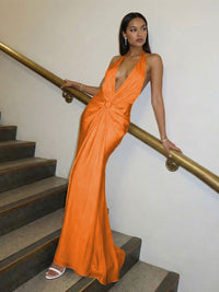 Sheath Halter Deep V-Neck Silk Satin Ruched Long Evening Dresses for Women