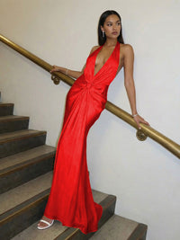 Sheath Halter Deep V-Neck Silk Satin Ruched Long Evening Dresses for Women