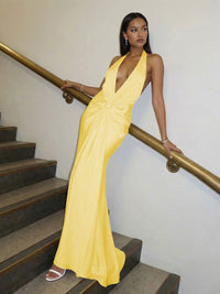 Sheath Halter Deep V-Neck Silk Satin Ruched Long Evening Dresses for Women