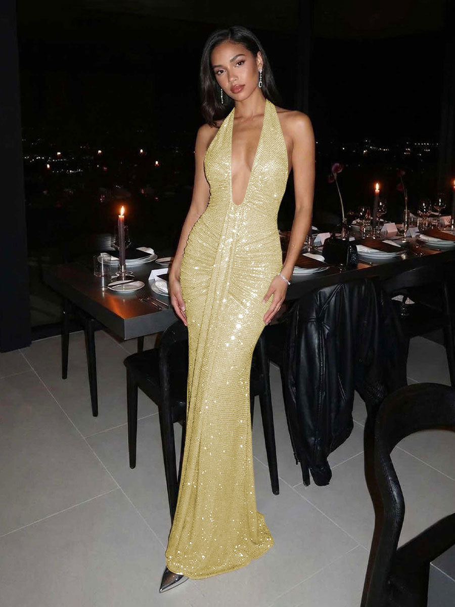 Sequin Halter Deep V-Neck Ruched Mermaid Maxi Evening Dresses for Women