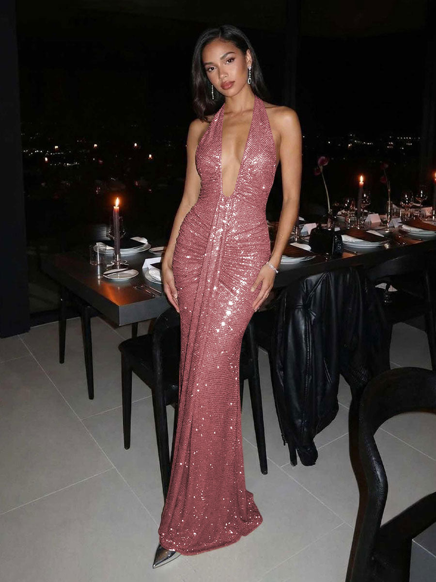 Sequin Halter Deep V-Neck Ruched Mermaid Maxi Evening Dresses for Women