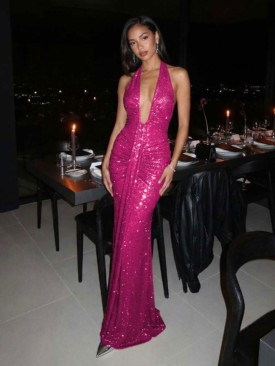 Sequin Halter Deep V-Neck Ruched Mermaid Maxi Evening Dresses for Women